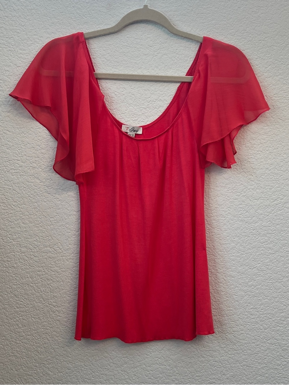 Guess Coral Red Flutter Sleeve Scoop Neck Blouse XS